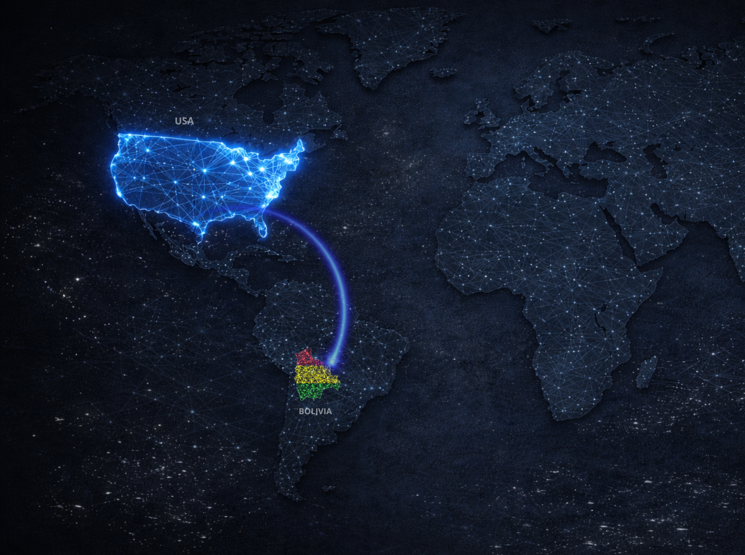 Mapa mundial mostrando conexión entre Altrix Solutions en USA y Fusion Group en Bolivia
